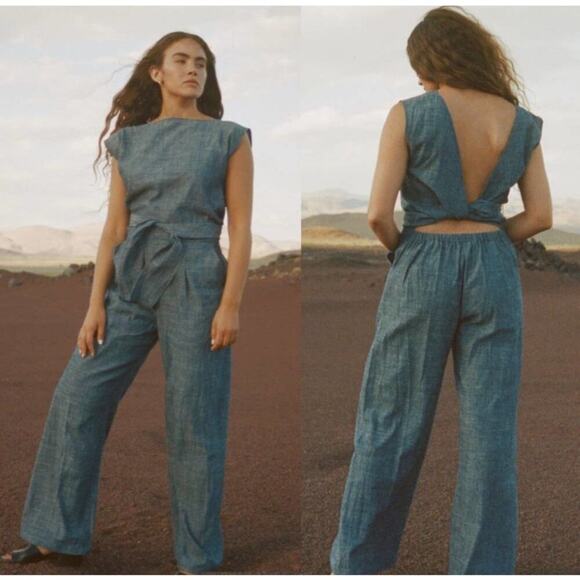 OZMA Of California Matador Hemp Cotton Wide Leg Romper Jumpsuit Chambray, Small - Picture 11 of 14